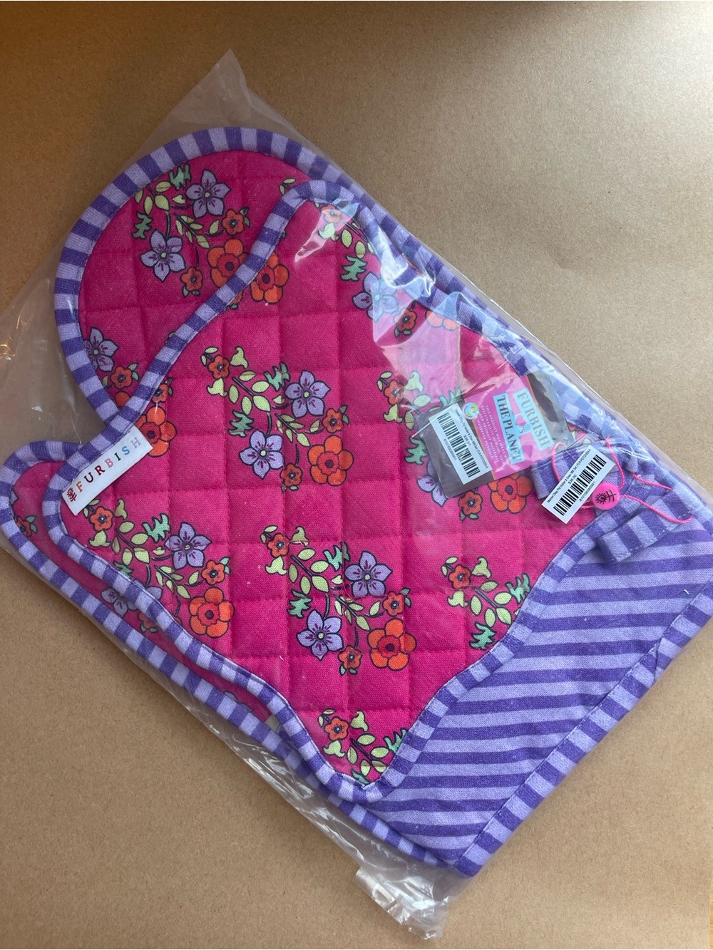 Furbish Studio Oven Mitt and potholder in bright pink and purple flower pattern